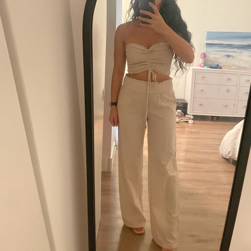 Tan Two Piece Set Crop top cinched and flowy khaki pants